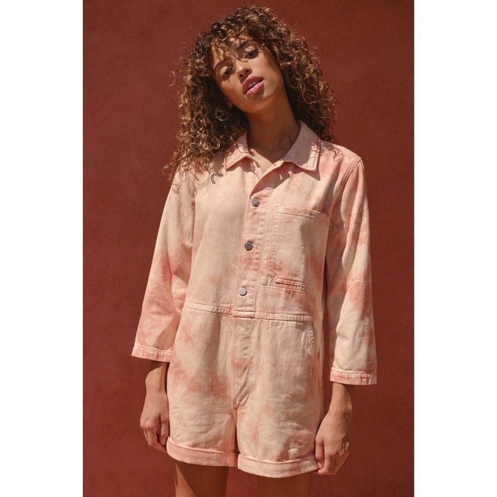 NWT AMO Luna Short Jumpsuit Sz XS Sherbet Tie Dye Denim Romper Hipster MSRP $375